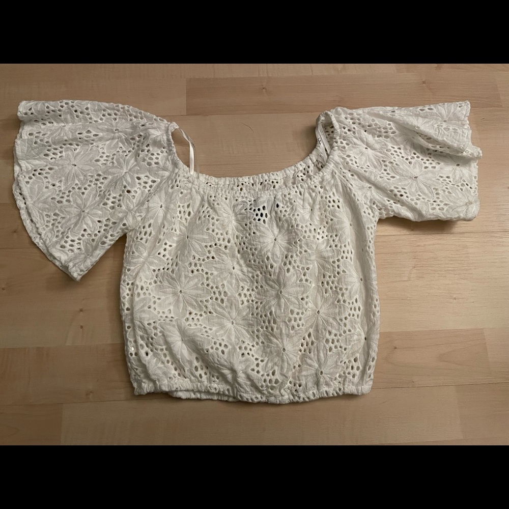 Floral eyelet off the shoulder crop top
